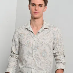 POE Men Ivory - Cotton Linen Printed Shirt - Green-image-96