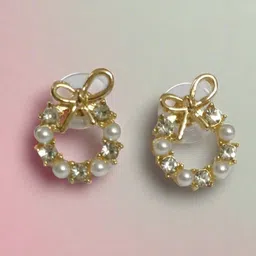PolluxCraft Gold-Plated Stones Studded & Pearls Contemporary Shaped Korean Studs-25