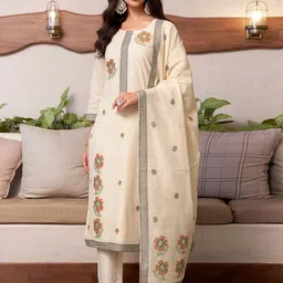 SANISA Floral Woven Design Jacquard Straight Kurta With Trousers & Dupatta-image-45