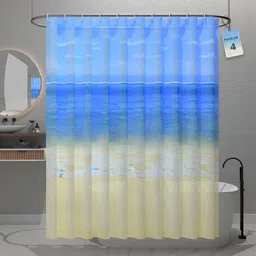 Aura 4-Pcs Blue & Beige Beach Printed Waterproof ShowerCurtainWithHooks-7