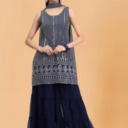 PARROT CREATION Women Paisley Embroidered Regular Sequinned Kurta & Sharara With Dupatta-picture-4