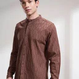 HIGHLANDER Men Relaxed Fit Band Collar Textured Cotton Casual Shirt-69