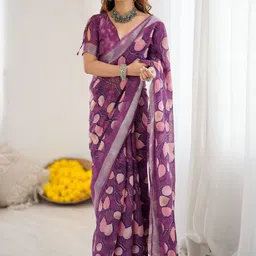 HERE&NOW Women Purple Linen Blend Saree-picture-27