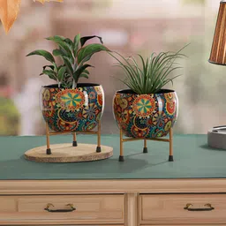 Homspurts 2-Pcs Navy Blue Printed Metal Planters With Stands-14