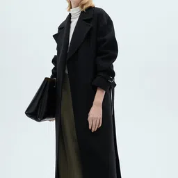 MANGO Notched Lapel Collar Oversized Front-Open Longline Overcoat with Belt-8