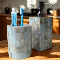 THE HOME CO. Green & White 2 piece Abstract Wood Bath Accessories Set-19