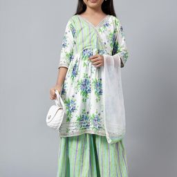 Little Dreams Baby Girls Floral Printed Pure Cotton Kurta & Sharara Set with Dupatta-image-90