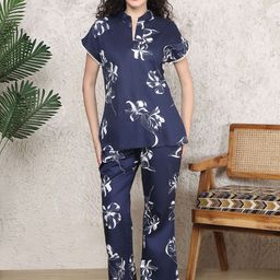 Claura Women Floral Printed Mandarin Collar Pure Cotton Night suit-picture-58