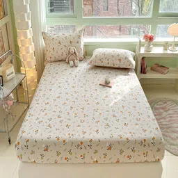 JC HOME Cream-Coloured & Orange Floral Cotton 220 TC Fitted Queen Bedsheet Set-1.5 m x 2 m-23