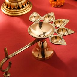 TIED RIBBONS Glossy Brass Panchmukhi  Diya With Handle-37