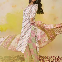 Indo Era Women Floral Printed Regular Pure Cotton Kurta with Trousers & With Dupatta-image-18