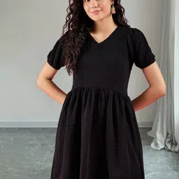 DressBerry Women Self Design Puff Sleeves Fit & Flare Dress-picture-44