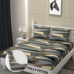 FINE TEX WORLD Grey & Black 180 TC King Bedsheet with 2 Pillow Covers-56