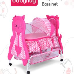 Babyhug Happy Kitty Print Bassinet with Mosquito net and detachable inner storage basket - Pink image 2