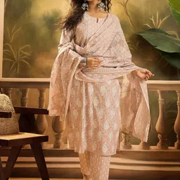 Sangria Ethnic Buti Printed100% Cotton Straight Kurta With Trousers & Dupatta-46