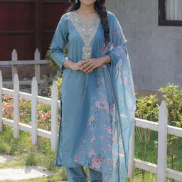 Rujave Women Floral Embroidered Regular Thread Work Kurta with Trousers & With Dupatta-picture-33