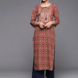 KSUT Ethnic Motifs Printed Tie-Up Neck Gotta Patti Cotton Straight Kurta-image-32