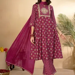 Anouk Pink Ethnic Motifs Printed Mirror Work Chanderi Silk Kurta with Trousers & Dupatta-36