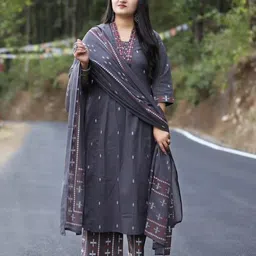 KALINI Floral Embroidered V-Neck Thread Work A-Line Kurta with Palazzos & Dupatta-picture-11