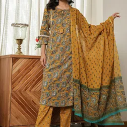 Yufta Women Floral Printed Regular Pure Cotton Kurta with Trousers & With Dupatta-36