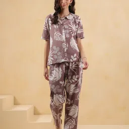 SANSKRUTIHOMES Women Tropical Printed Shirt Collar Pure Cotton Night suit-picture-14