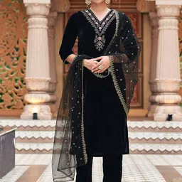 SANISA Floral Yoke Design Sequinned Velvet Kurta With Trousers & Dupatta-picture-12