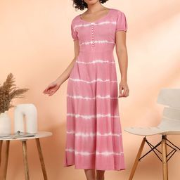 Maaesa Women Floral Rayon Flared Pink Dress-image-54