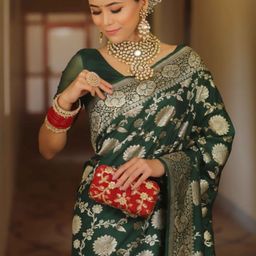 PHEASANT Woven Design Zari Silk Blend Banarasi Saree-image-7