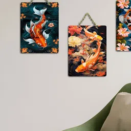 ArtVibes Navy Blue & Orange-Coloured 3 Pieces Printed Wooden Wall Hanging Decors-image-40