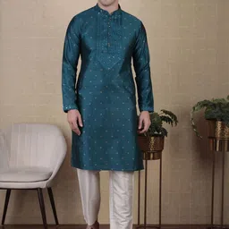 PulseIQ Men Teal Art Silk Kurta Sets-picture-11