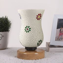 Aura White & Blue Textured Bell Shaped Glass Table Lamp with Wooden Base-picture-42