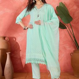 Sangria Geometric Embroidered V-Neck Mirror Work Straight Kurta With Trousers And Dupatta-image-0