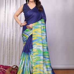 peachmode Dark Blue Abstract Printed Khadi Saree with Unstitched Blouse Piece-picture-31