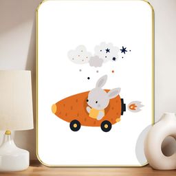 Livin'luxe Orange & White Cute Bunny in Carrot Rocket Wall Art-picture-47