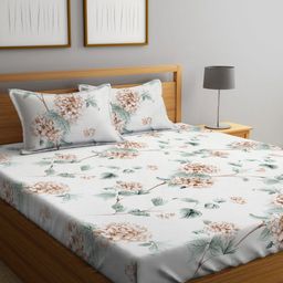 Myntra Elegant Homes White & Green Printed 300 TC Fitted King Bedsheet Set 2.5 x 2.2 m-image-68