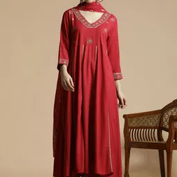 Anouk Red Floral Embroidered V-Neck Mirror Work Anarkali Kurta with Trousers & Dupatta-picture-26