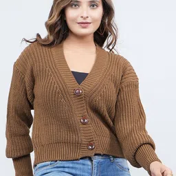 FEVERFEW Women Striped Long Sleeves Woollen Cardigan-image-40