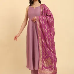 Yufta Notch Neck Regular Silk Anarkali Kurta with Trousers & Dupatta-picture-28