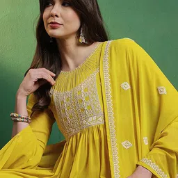 Sangria Thread Work Embroidered A-Line Kurta & Palazzos With Dupatta image 4