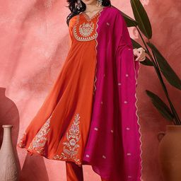 Sangria Women Floral Embroidered Kurta with Trousers & Dupatta-image-35