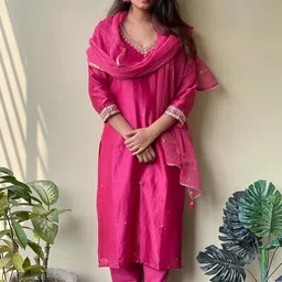 KALINI Floral Yoke Design Thread Work Kurta with Trouser & Dupatta-26