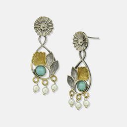 ATIBELLE German Silver Plated Artificial Stones Studded & Beaded Drop Earrings image 2