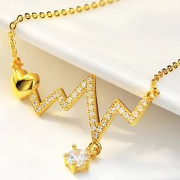 MRIDU ESSENTIALS Stainless Steel Gold-Plated Cubic Zirconia Studded Heart Beat Chain-image-40