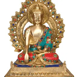 Exotic India Gold-Toned & Green Lord Buddha Brass Idol Showpiece-image-42