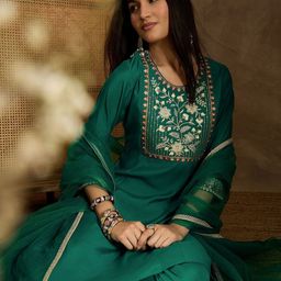 Inddus Yoke Design Embroidered Thread Work Kurta With Trousers And Dupatta image 3