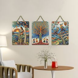 ArtVibes Green & Blue 3 Pieces Village Life Folk Art Printed Wooden Hanging Wall Arts-image-95