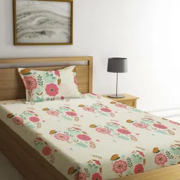 Myntra Elegant Homes White & Pink Floral Printed 300TC Single Bedsheet Set 2.20 m x 1.50 m-image-50