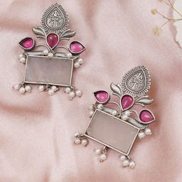 JEWILLEY Silver-Plated Artificial Stone Studded And Beaded Contemporary Drop Earrings-15