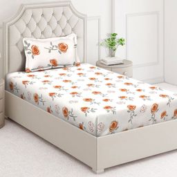 Arrabi Cream & Brown Floral Printed 350 TC Single Bedsheet Set 2.15 m x 1.5 m-image-70