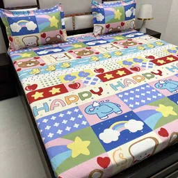 Pure Decor Blue & Pink Cartoon Characters Queen Bedsheet with 2 Pillow Covers-23